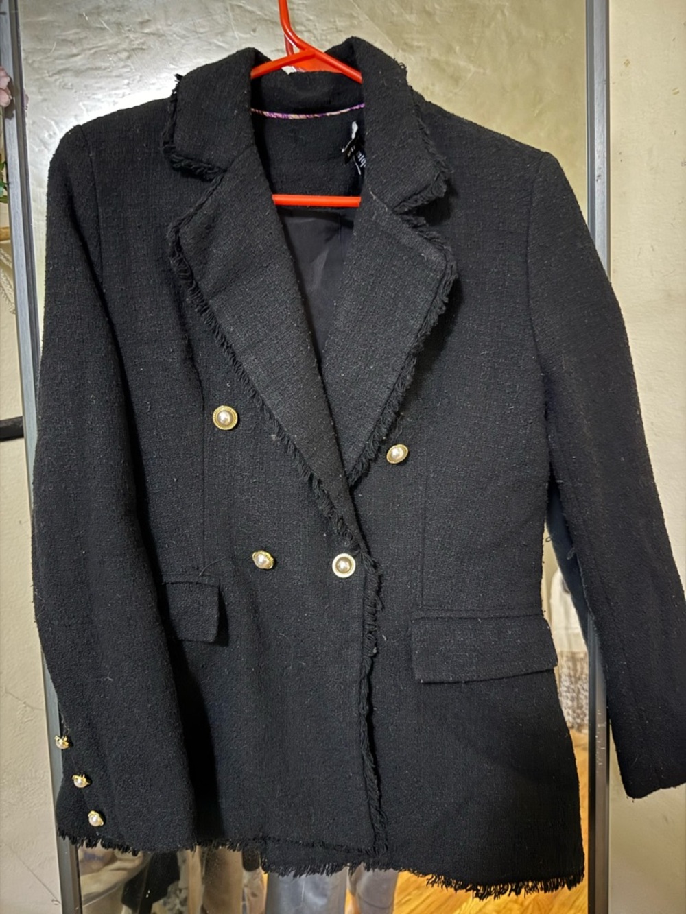 Saks Fifth Avenue Black Frayed-Trim Double-Breasted Blazer